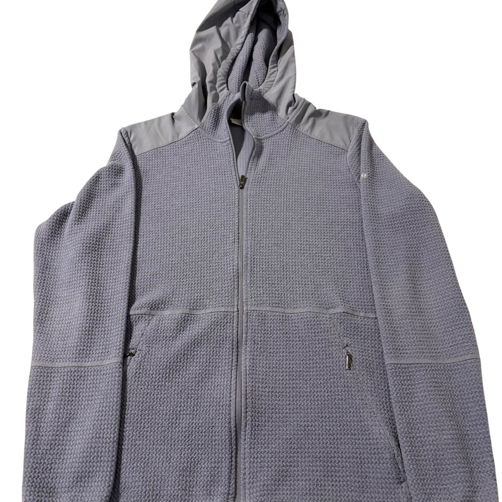 Columbia Women's Fleece Hooded Jacket Light Blue Sz L Waffle Knit Zip Up Pockets